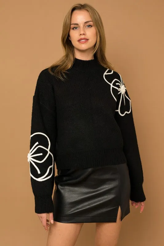 Gardenia Flower Embroidery Mock Neck Sweater