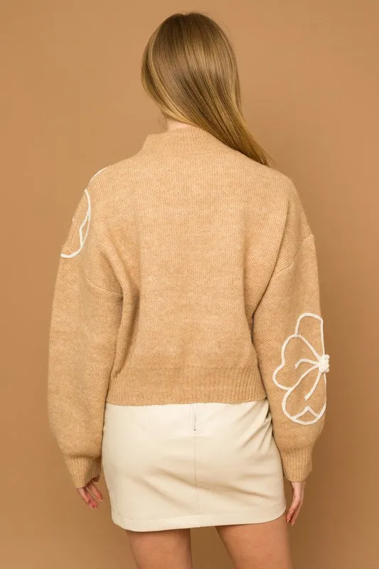 Gardenia Flower Embroidery Mock Neck Sweater