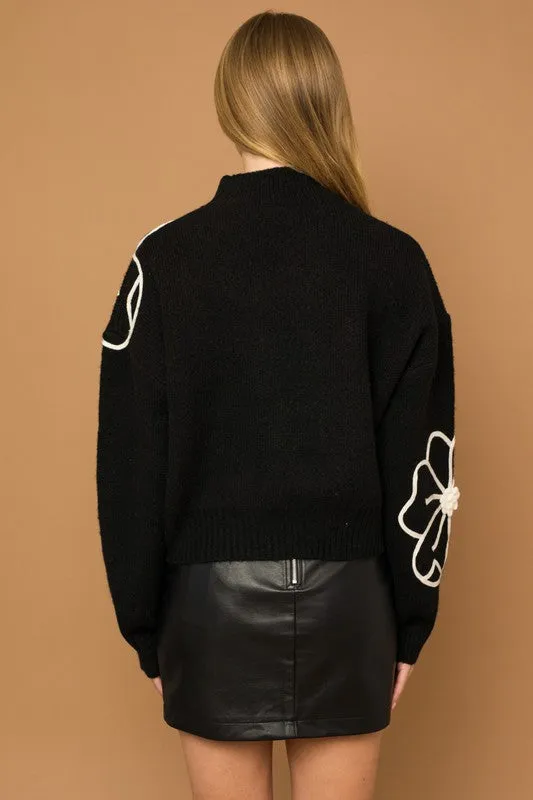 Gardenia Flower Embroidery Mock Neck Sweater