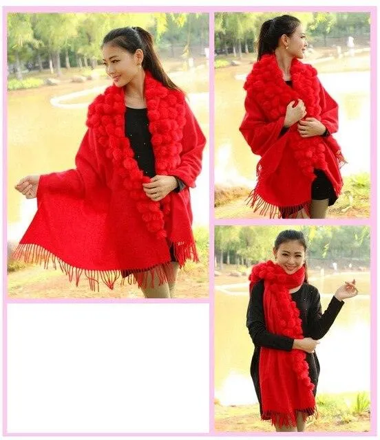 Genuine sheep fur shawl winter scarf  genuine rabbit fur with pompom thick long luxury wrap cape