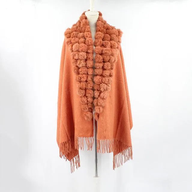Genuine sheep fur shawl winter scarf  genuine rabbit fur with pompom thick long luxury wrap cape
