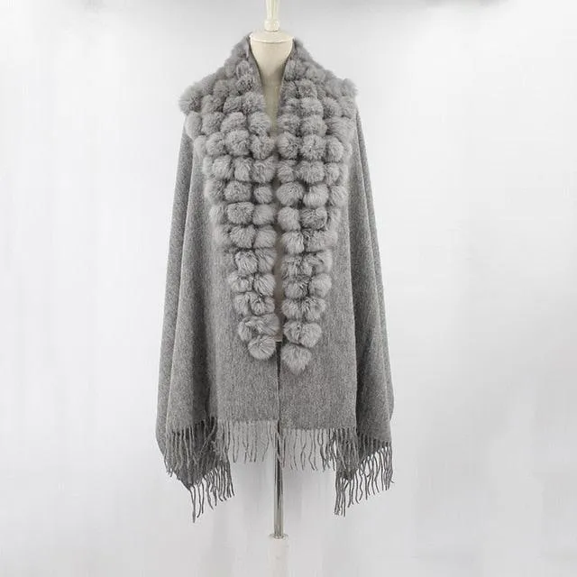 Genuine sheep fur shawl winter scarf  genuine rabbit fur with pompom thick long luxury wrap cape