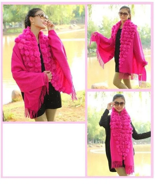 Genuine sheep fur shawl winter scarf  genuine rabbit fur with pompom thick long luxury wrap cape