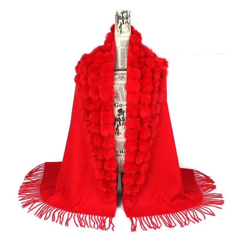 Genuine sheep fur shawl winter scarf  genuine rabbit fur with pompom thick long luxury wrap cape