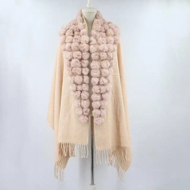 Genuine sheep fur shawl winter scarf  genuine rabbit fur with pompom thick long luxury wrap cape