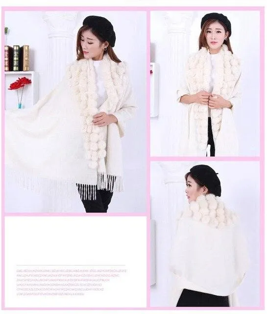 Genuine sheep fur shawl winter scarf  genuine rabbit fur with pompom thick long luxury wrap cape