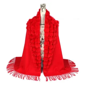 Genuine sheep fur shawl winter scarf  genuine rabbit fur with pompom thick long luxury wrap cape