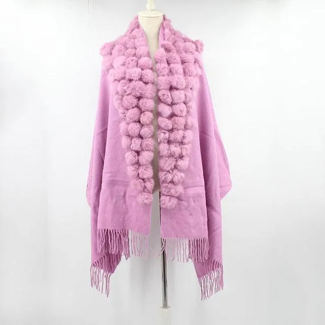 Genuine sheep fur shawl winter scarf  genuine rabbit fur with pompom thick long luxury wrap cape