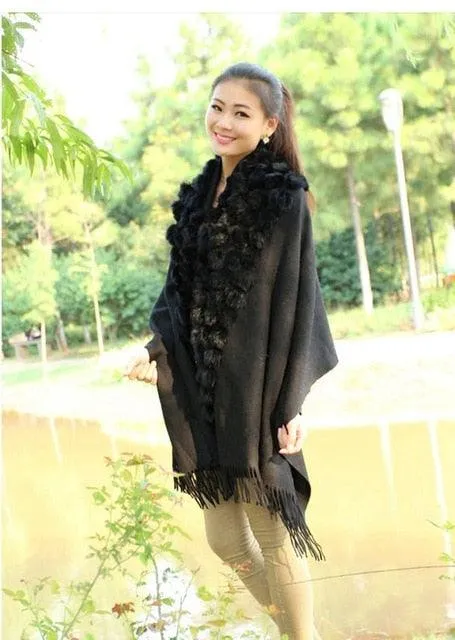 Genuine sheep fur shawl winter scarf  genuine rabbit fur with pompom thick long luxury wrap cape