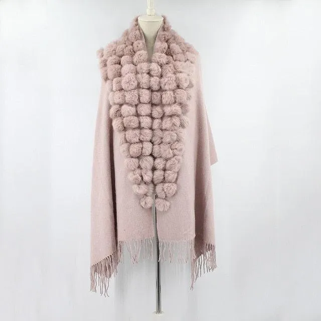 Genuine sheep fur shawl winter scarf  genuine rabbit fur with pompom thick long luxury wrap cape