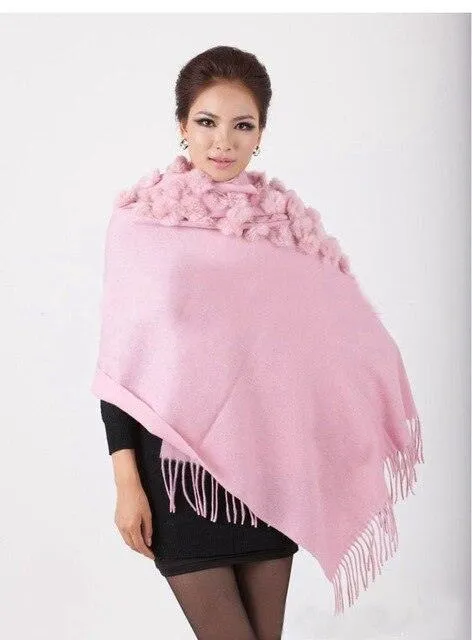 Genuine sheep fur shawl winter scarf  genuine rabbit fur with pompom thick long luxury wrap cape
