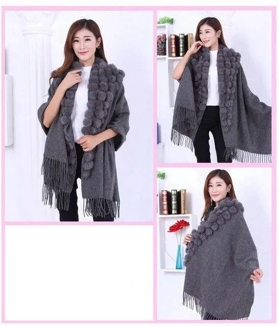 Genuine sheep fur shawl winter scarf  genuine rabbit fur with pompom thick long luxury wrap cape