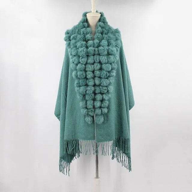 Genuine sheep fur shawl winter scarf  genuine rabbit fur with pompom thick long luxury wrap cape