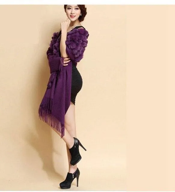 Genuine sheep fur shawl winter scarf  genuine rabbit fur with pompom thick long luxury wrap cape