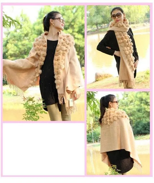 Genuine sheep fur shawl winter scarf  genuine rabbit fur with pompom thick long luxury wrap cape
