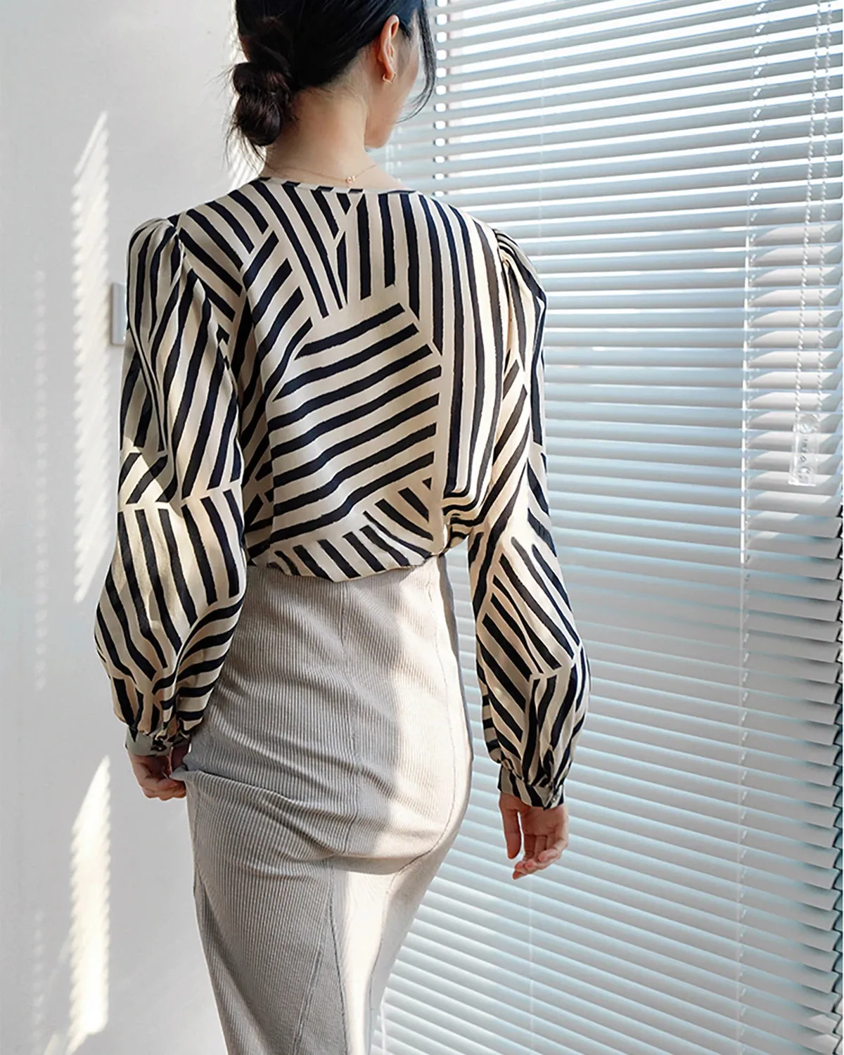 Geometric Stripe Silk Blouse