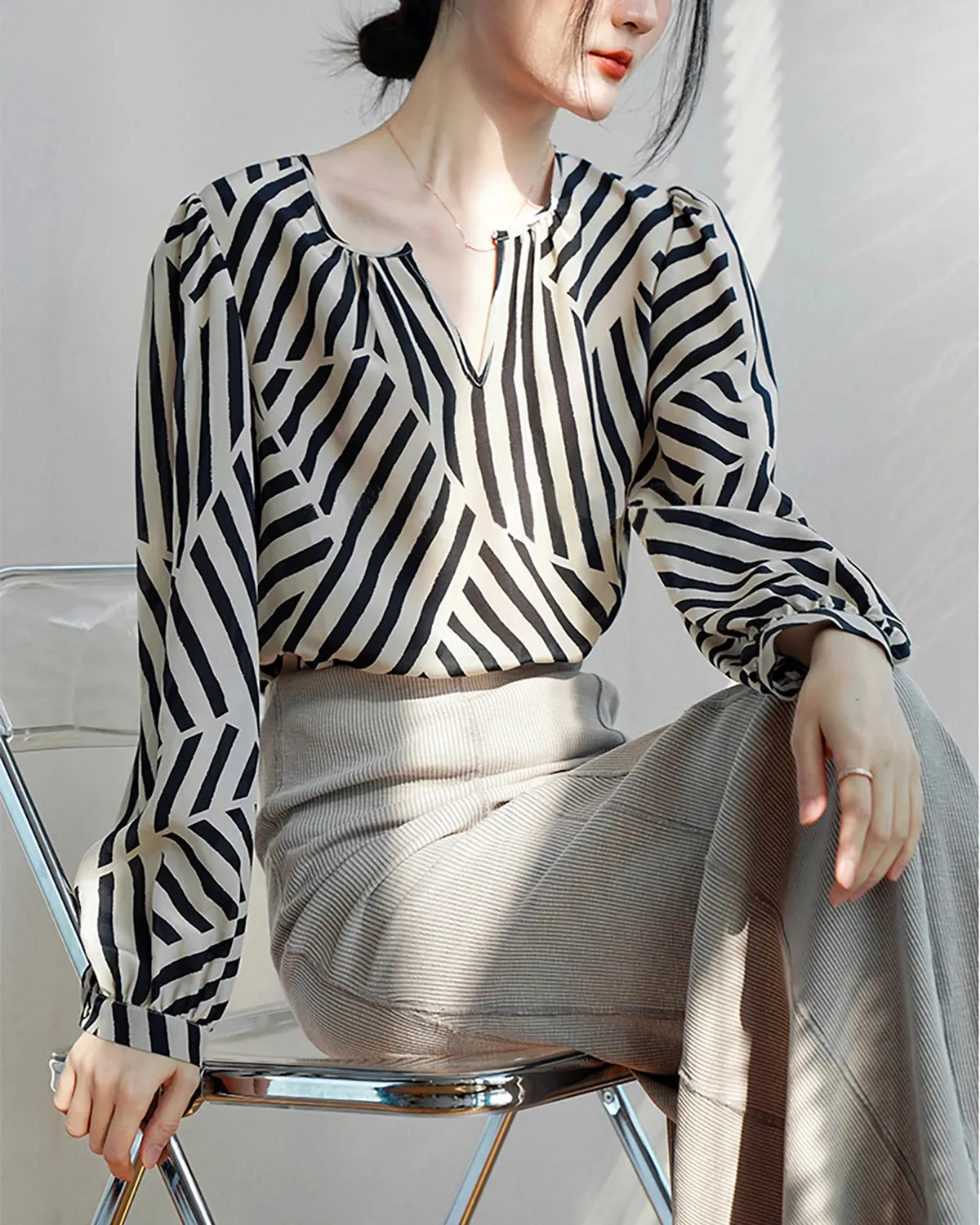 Geometric Stripe Silk Blouse