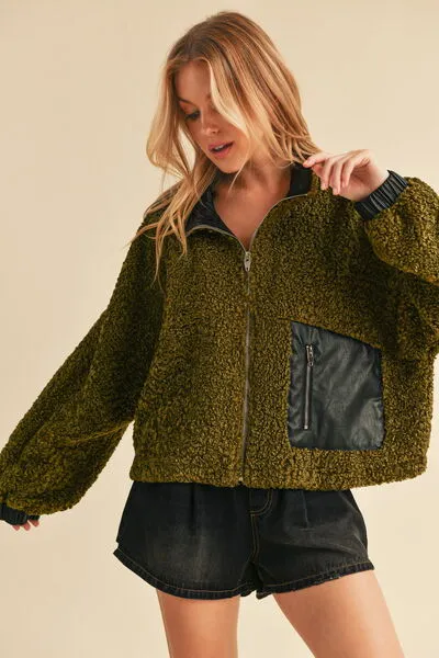 Green Collared Neck Zip Up Sherpa Jacket