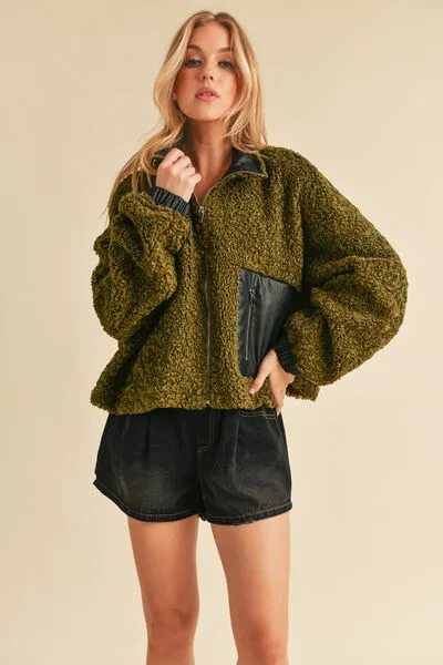 Green Collared Neck Zip Up Sherpa Jacket