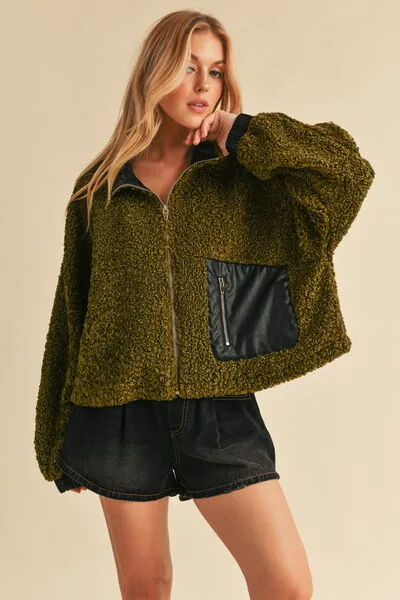 Green Collared Neck Zip Up Sherpa Jacket