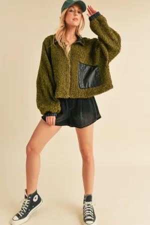 Green Collared Neck Zip Up Sherpa Jacket