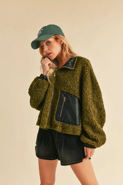 Green Collared Neck Zip Up Sherpa Jacket