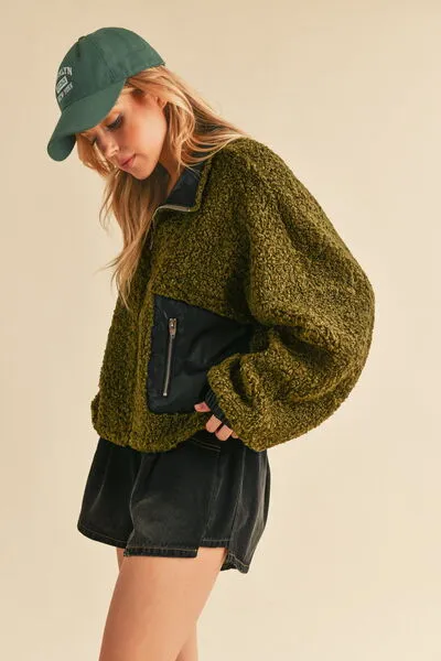 Green Collared Neck Zip Up Sherpa Jacket