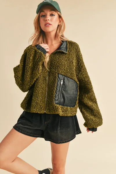 Green Collared Neck Zip Up Sherpa Jacket