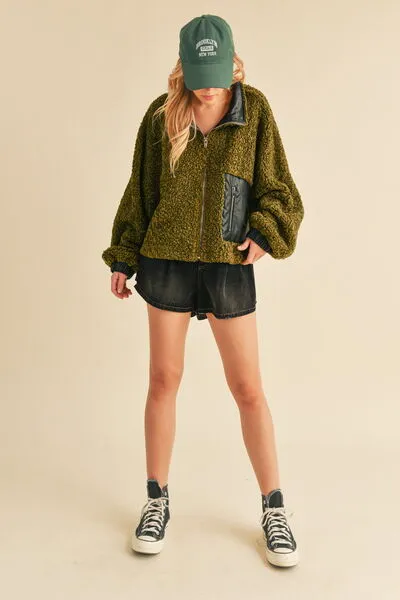 Green Collared Neck Zip Up Sherpa Jacket