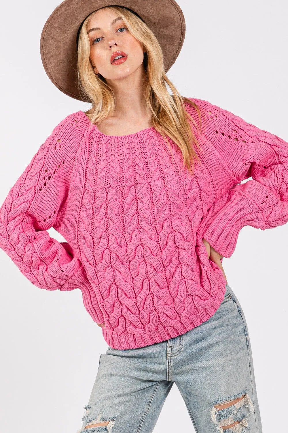 Hazel Blues® |  SAGE   FIG Cable-Knit Long Sleeve Sweater