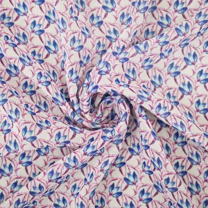 Ivory-Purple-Blue Floral Printed Poly Yoryu Chiffon Woven Fabric