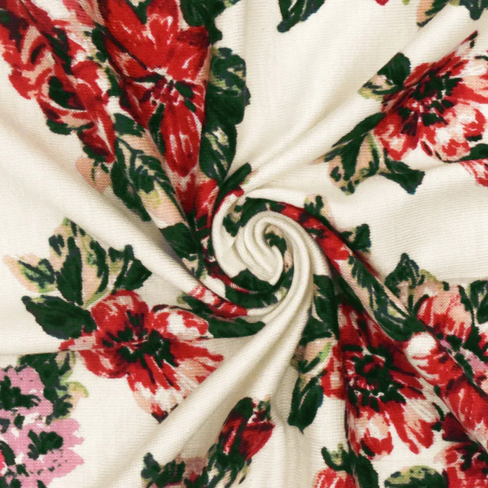 Ivory-Rose Red-Multi Floral Printed Stretch Rayon Jersey Knit Fabric