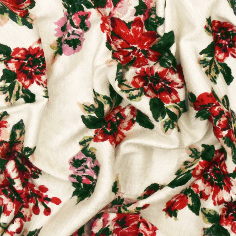 Ivory-Rose Red-Multi Floral Printed Stretch Rayon Jersey Knit Fabric