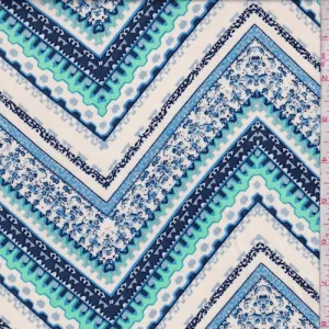 Ivory/Navy/Sky Deco Chevron Rayon Challis Fabric