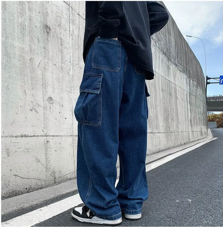 Jinquedai High Street Retro Casual Large Pocket Overalls Men New Summer High Waist Loose Straight Tube Draped Striped Jeans