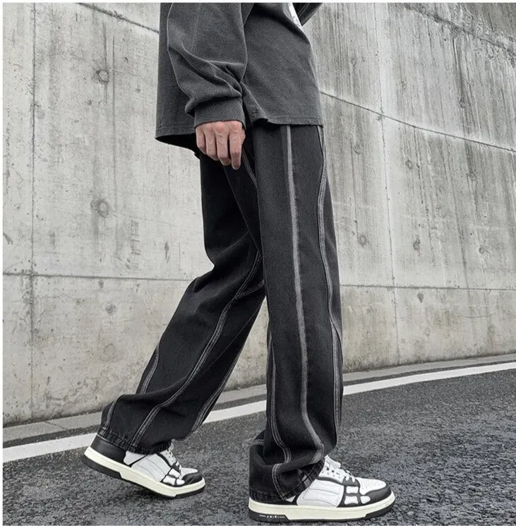 Jinquedai High Street Retro Casual Large Pocket Overalls Men New Summer High Waist Loose Straight Tube Draped Striped Jeans