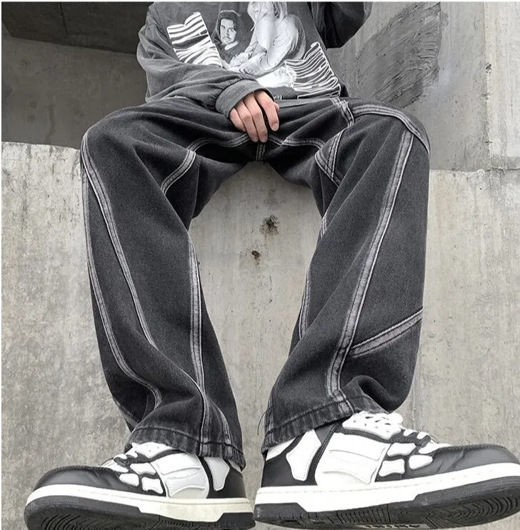 Jinquedai High Street Retro Casual Large Pocket Overalls Men New Summer High Waist Loose Straight Tube Draped Striped Jeans