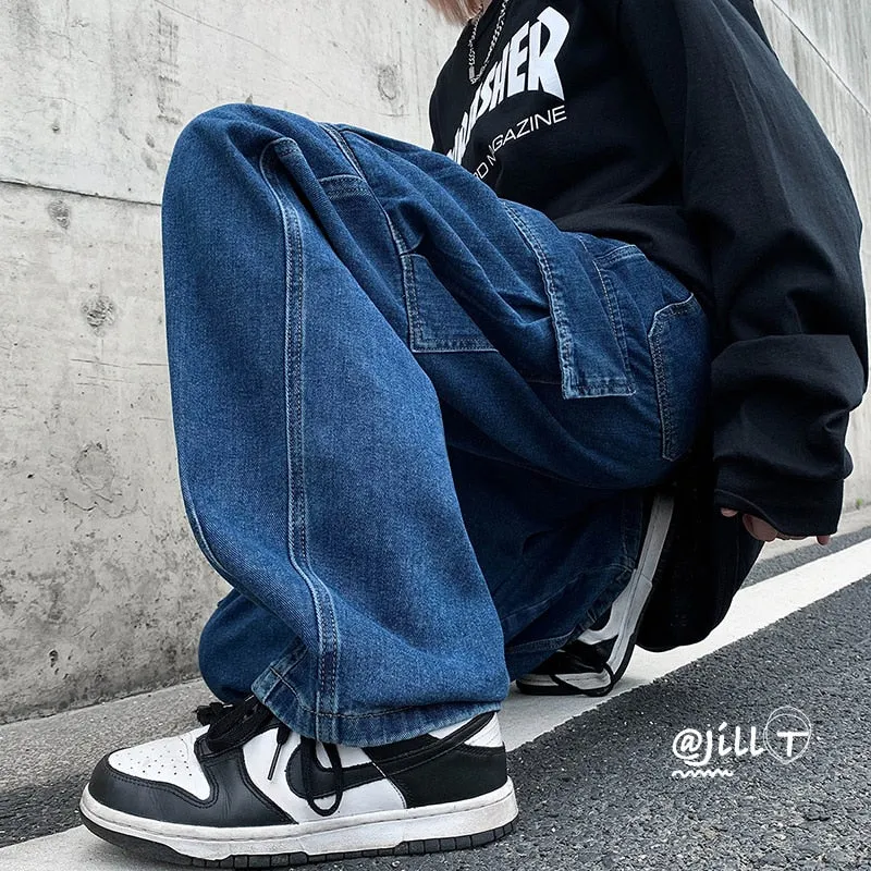 Jinquedai High Street Retro Casual Large Pocket Overalls Men New Summer High Waist Loose Straight Tube Draped Striped Jeans