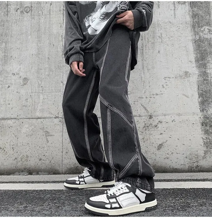 Jinquedai High Street Retro Casual Large Pocket Overalls Men New Summer High Waist Loose Straight Tube Draped Striped Jeans