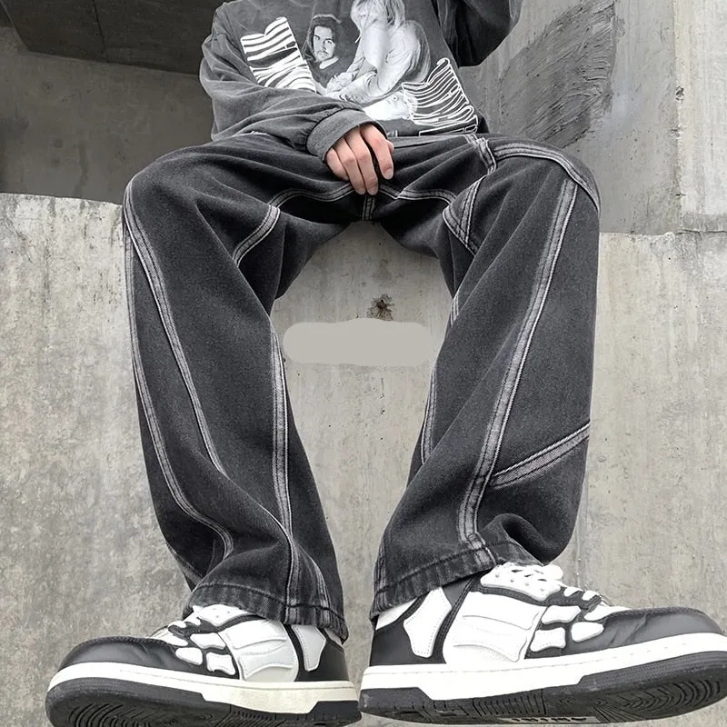 Jinquedai High Street Retro Casual Large Pocket Overalls Men New Summer High Waist Loose Straight Tube Draped Striped Jeans