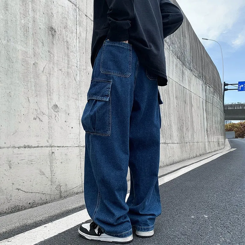 Jinquedai High Street Retro Casual Large Pocket Overalls Men New Summer High Waist Loose Straight Tube Draped Striped Jeans