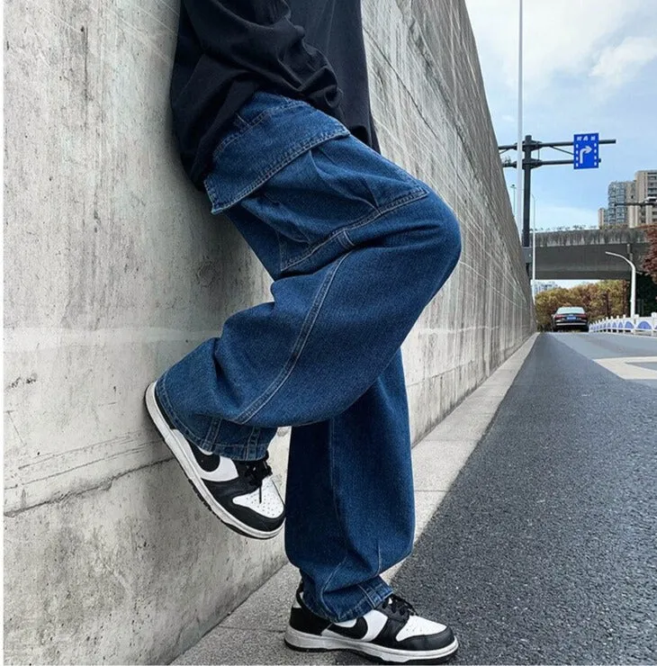 Jinquedai High Street Retro Casual Large Pocket Overalls Men New Summer High Waist Loose Straight Tube Draped Striped Jeans