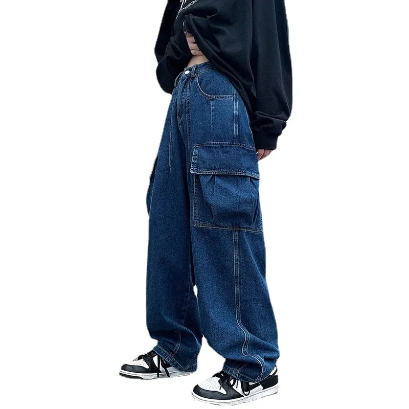 Jinquedai High Street Retro Casual Large Pocket Overalls Men New Summer High Waist Loose Straight Tube Draped Striped Jeans