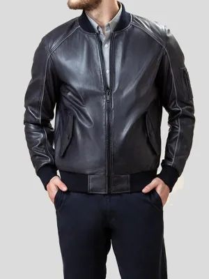 MENS BLACK LEATHER BOMBER JACKET BY TJS