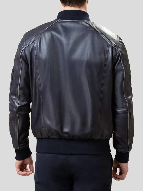 MENS BLACK LEATHER BOMBER JACKET BY TJS