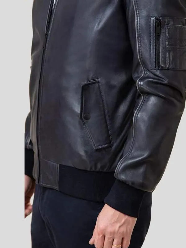 MENS BLACK LEATHER BOMBER JACKET BY TJS