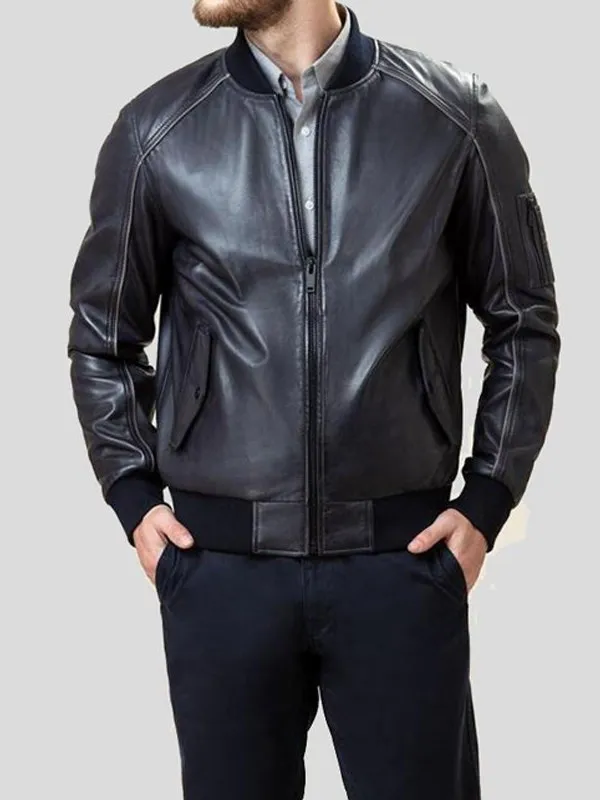 MENS BLACK LEATHER BOMBER JACKET BY TJS