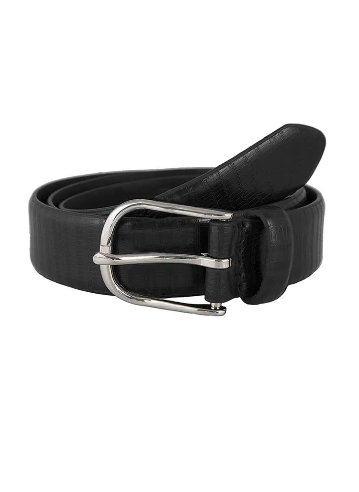 Men's Lizard-Print Leather Belt with Shiny Silver Buckle