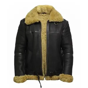 Men's Real Faux Shearling Bomber Black Leather Jacket