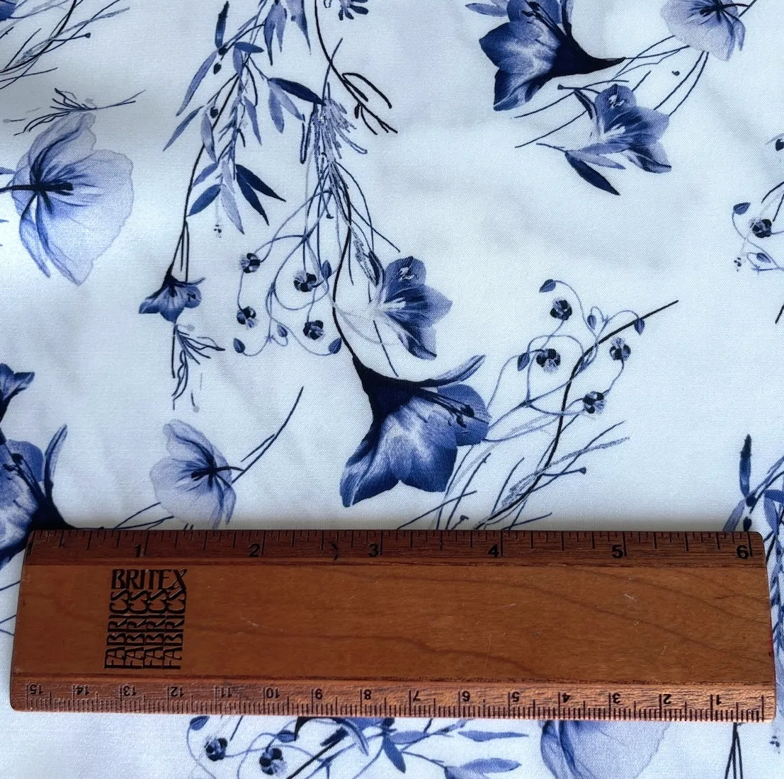 Mid-Weight Delft Blue Wildflowers Polyester Satin Charmeuse (Made in Italy)